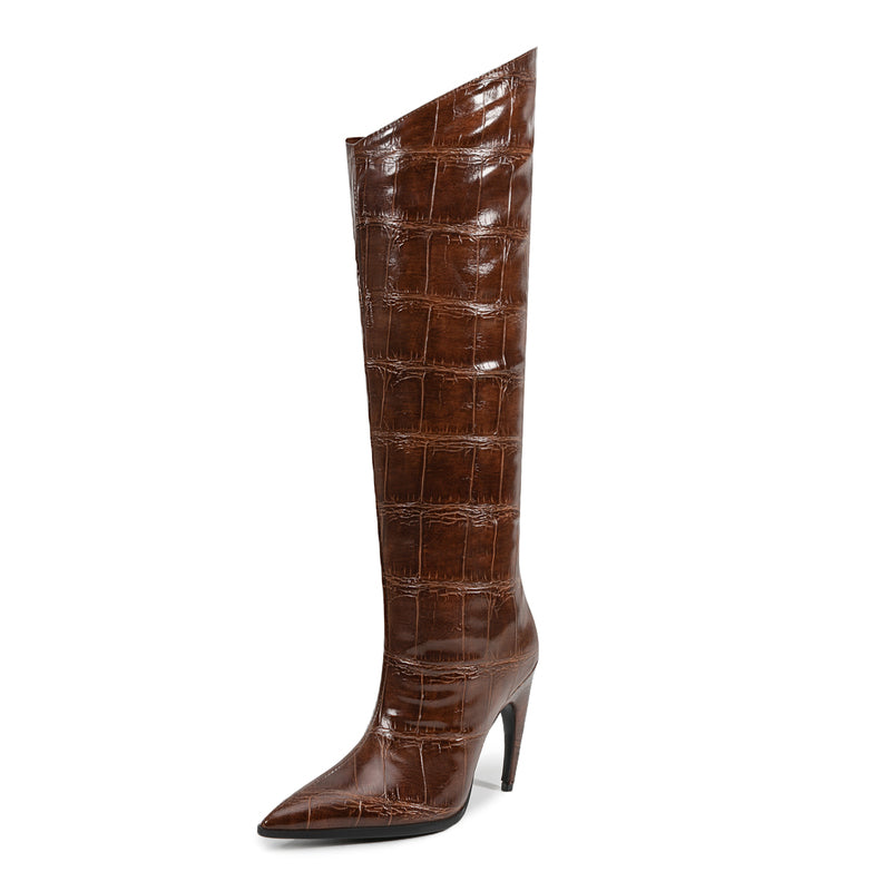 Brown Pointed Toe Stiletto Heel Stone Pattern Fashion Boots