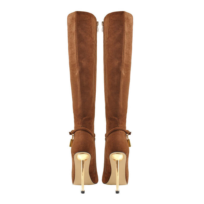 Bottes hautes à talons aiguilles en daim vegan marron avec décor mini cadenas