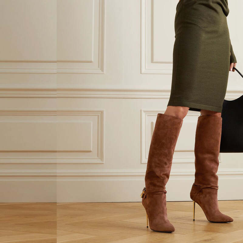 Bottes hautes à talons aiguilles en daim vegan marron avec décor mini cadenas