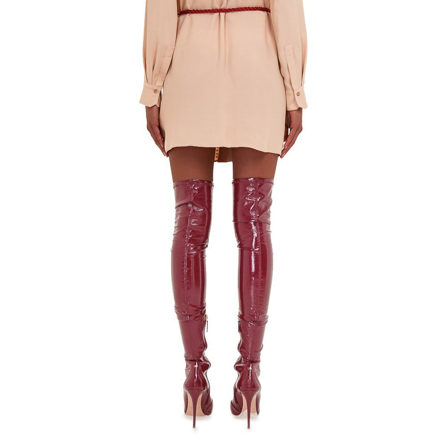 Burgundy Pointed Toe Stiletto Heel Thigh High Boots