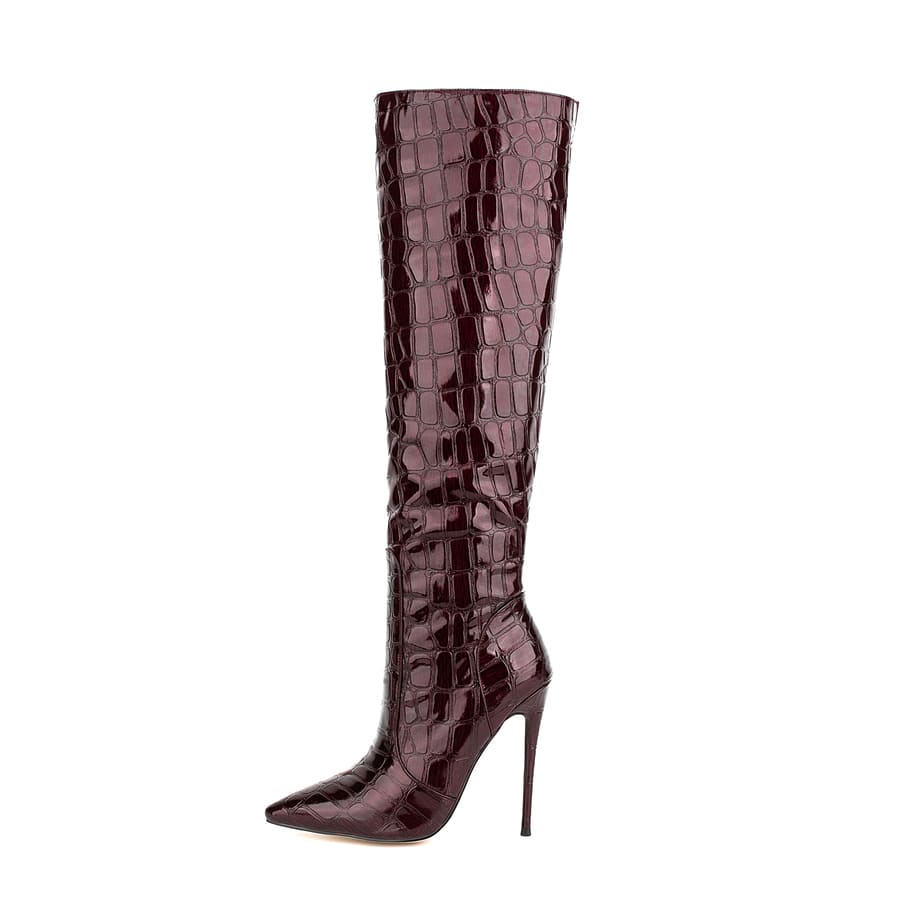 Burgundy Pointy Toe Stiletto Heel Knee High Boots