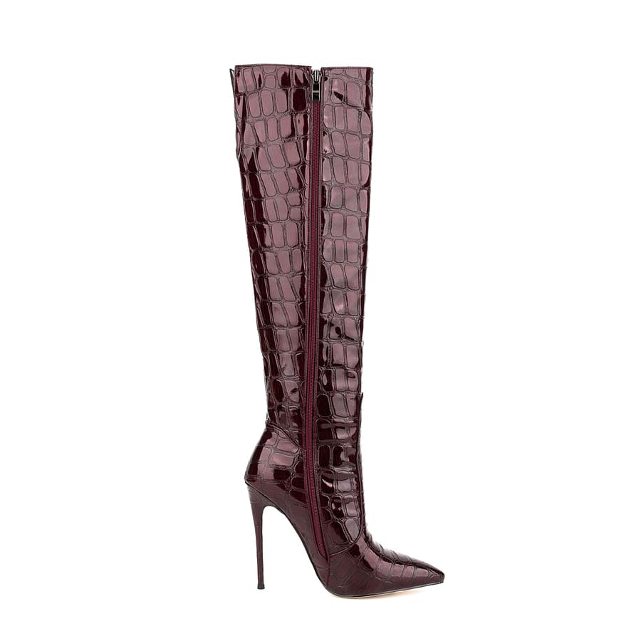 Burgundy Pointy Toe Stiletto Heel Knee High Boots