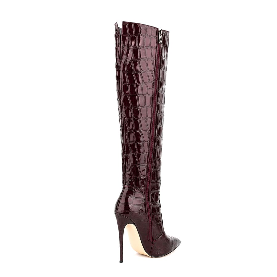 Burgundy Pointy Toe Stiletto Heel Knee High Boots