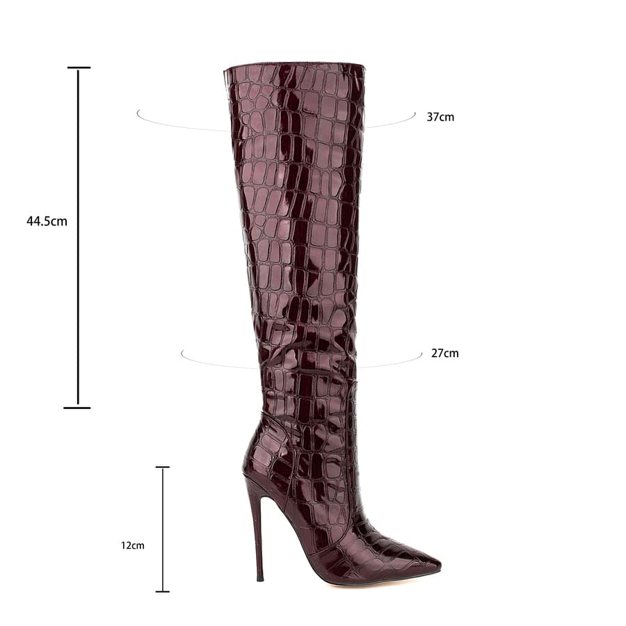 Burgundy Pointy Toe Stiletto Heel Knee High Boots