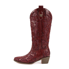 Burgundy Square Toe Block Heel Hollow-out Cowgirl Boots