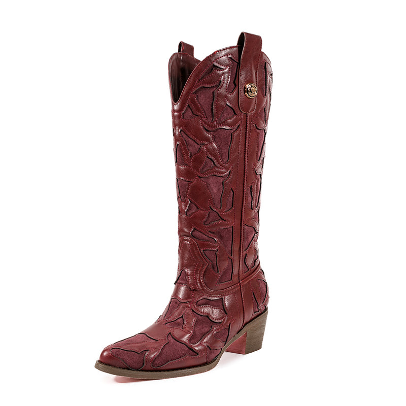 Burgundy Square Toe Block Heel Hollow-out Cowgirl Boots