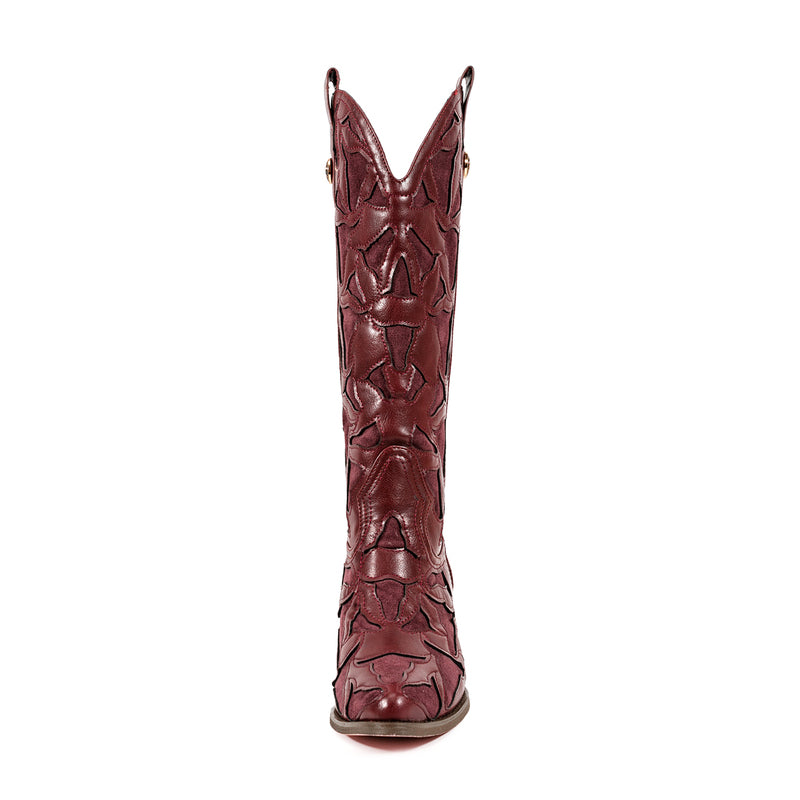 Burgundy Square Toe Block Heel Hollow-out Cowgirl Boots