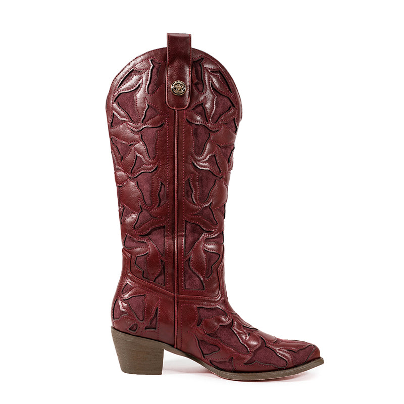 Burgundy Square Toe Block Heel Hollow-out Cowgirl Boots