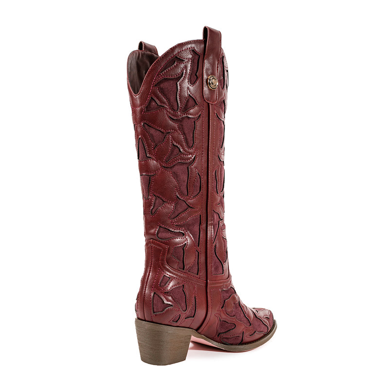 Burgundy Square Toe Block Heel Hollow-out Cowgirl Boots