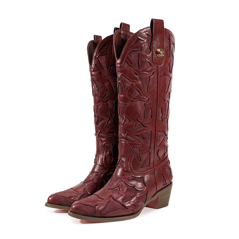 Burgundy Square Toe Block Heel Hollow-out Cowgirl Boots