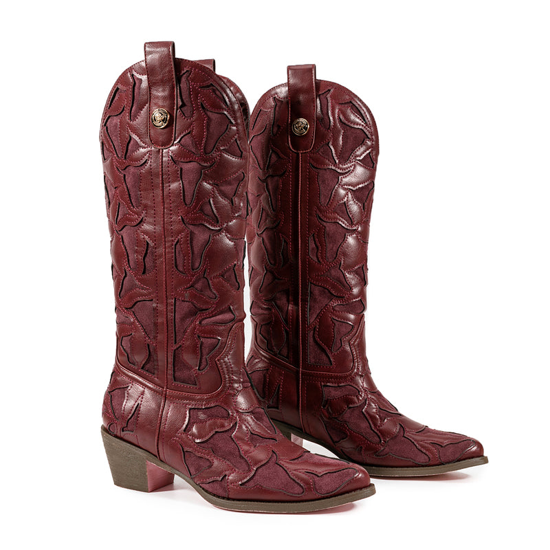 Burgundy Square Toe Block Heel Hollow-out Cowgirl Boots