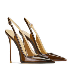 Clear PVC Pointed-Toe Slingback Stiletto Heels Brown Sandals for Women