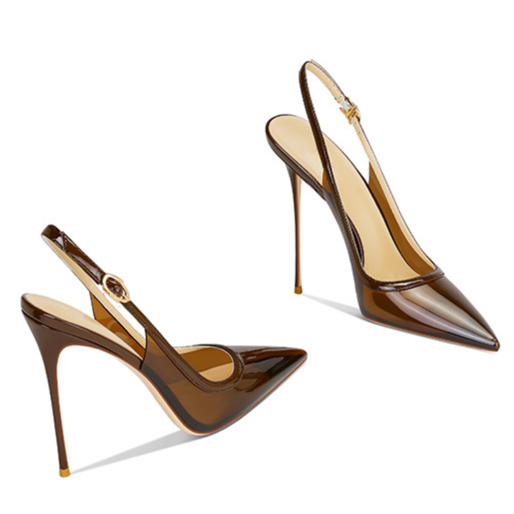 Clear PVC Pointed-Toe Slingback Stiletto Heels Brown Sandals for Women