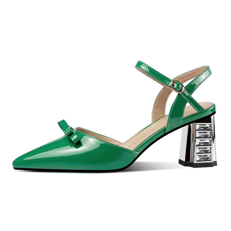Leather Closed Toe Block Heel Ankle Strap Sandals with Bow
