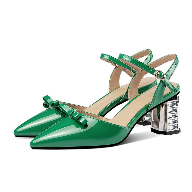 Leather Closed Toe Block Heel Ankle Strap Sandals with Bow