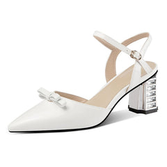 Leather Closed Toe Block Heel Ankle Strap Sandals with Bow