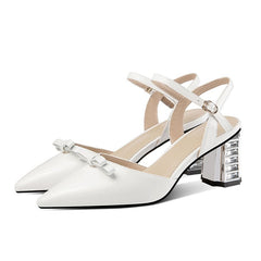 Leather Closed Toe Block Heel Ankle Strap Sandals with Bow