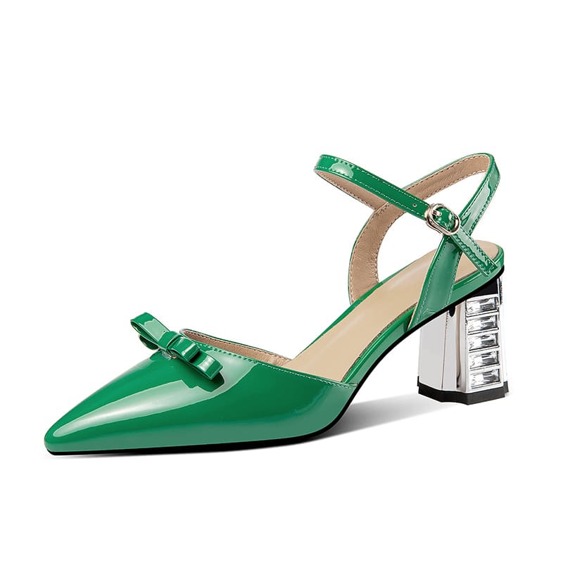 Leather Closed Toe Block Heel Ankle Strap Sandals with Bow