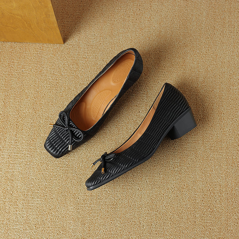 Leather Comfy Square Toe Block Heel Pumps