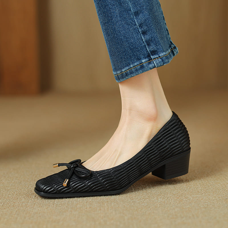 Leather Comfy Square Toe Block Heel Pumps