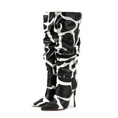 Bottes hautes à talon aiguille et bout pointu à motif vache