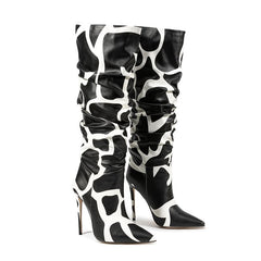 Bottes hautes à talon aiguille et bout pointu à motif vache