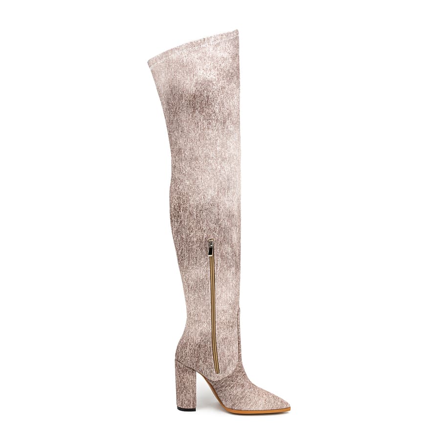 Denim Pointy Toe 4'' Chunky Heel Thigh High Boots