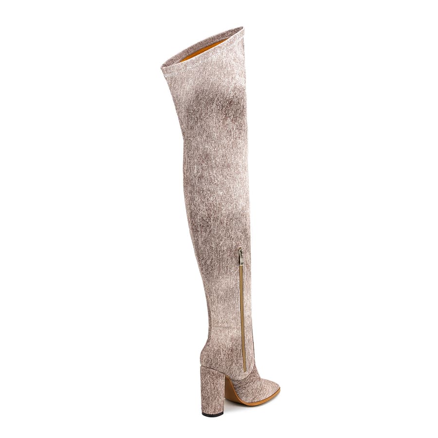 Denim Pointy Toe 4'' Chunky Heel Thigh High Boots