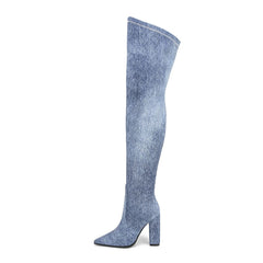 Denim Pointy Toe 4'' Chunky Heel Thigh High Boots