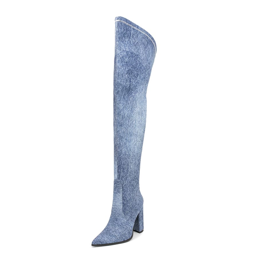 Denim Pointy Toe 4'' Chunky Heel Thigh High Boots