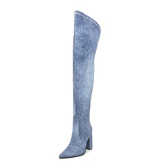 Denim Pointy Toe 4'' Chunky Heel Thigh High Boots