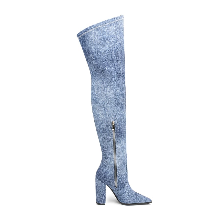 Denim Pointy Toe 4'' Chunky Heel Thigh High Boots