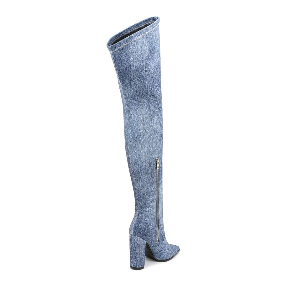 Denim Pointy Toe 4'' Chunky Heel Thigh High Boots