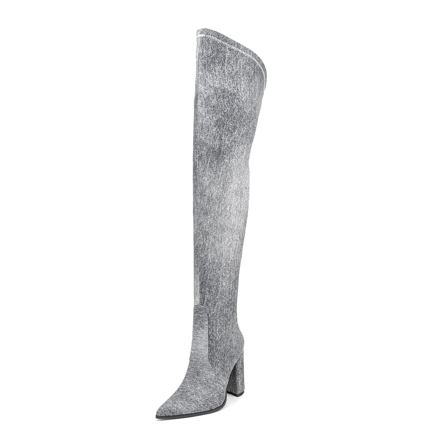 Denim Pointy Toe 4'' Chunky Heel Thigh High Boots