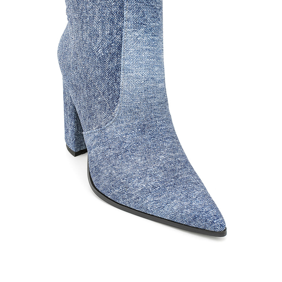 Denim Pointy Toe 4'' Chunky Heel Thigh High Boots