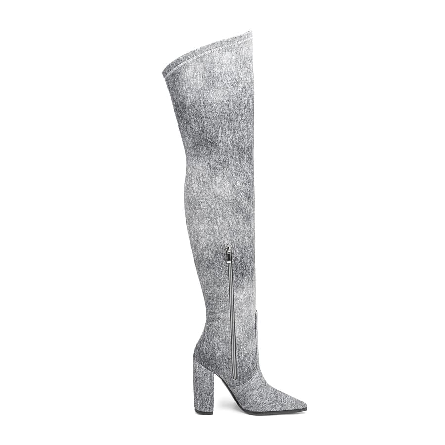 Denim Pointy Toe 4'' Chunky Heel Thigh High Boots