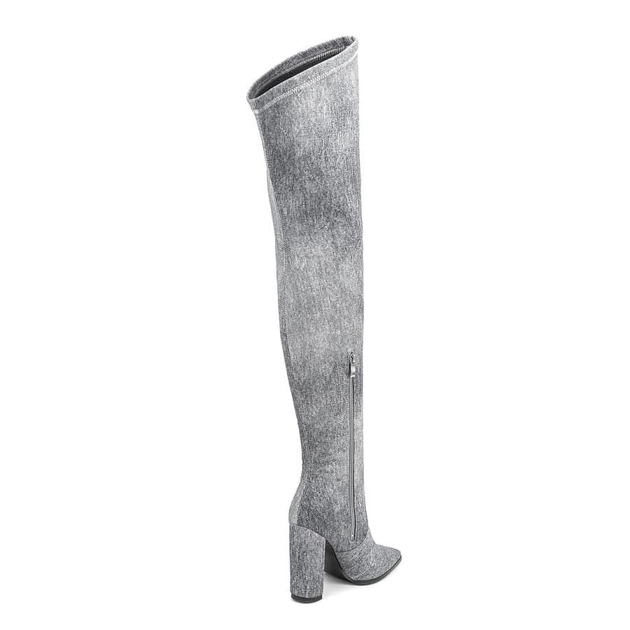 Denim Pointy Toe 4'' Chunky Heel Thigh High Boots