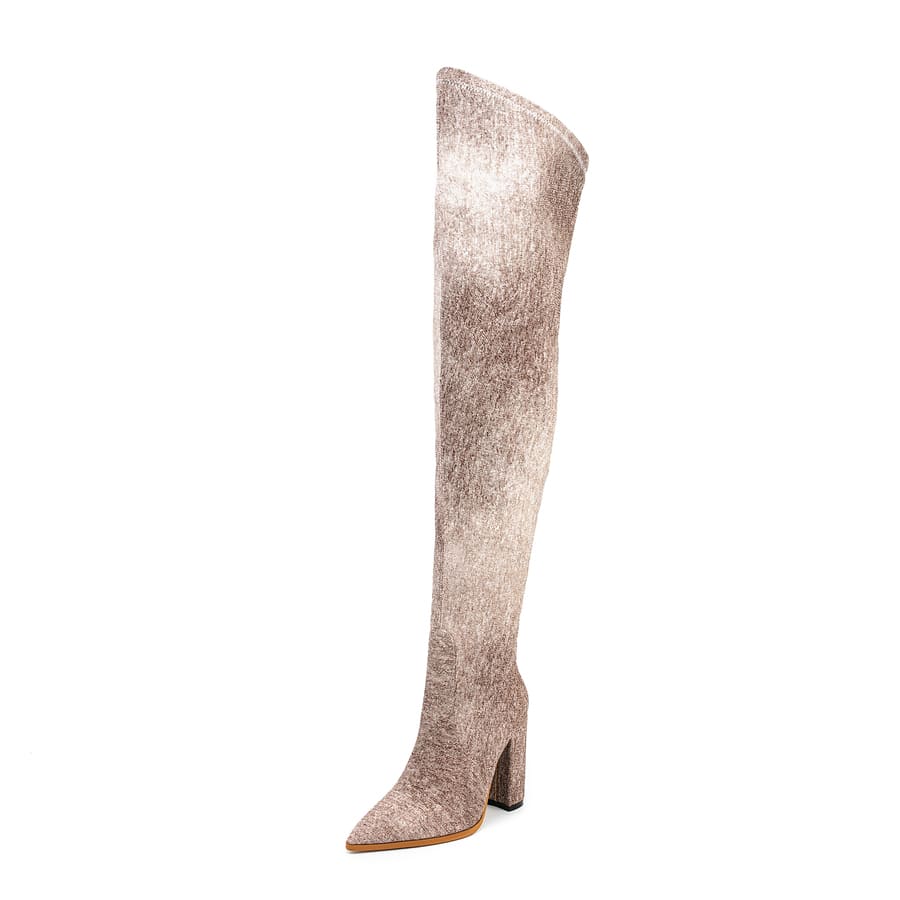 Denim Pointy Toe 4'' Chunky Heel Thigh High Boots