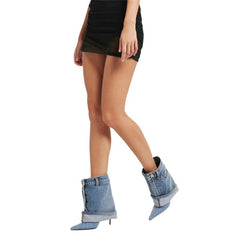 Denim Pointy Toe Stiletto High Heel Trouser Style Booties