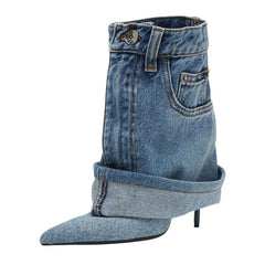 Denim Pointy Toe Stiletto High Heel Trouser Style Booties
