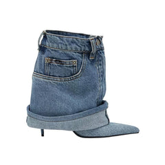 Denim Pointy Toe Stiletto High Heel Trouser Style Booties