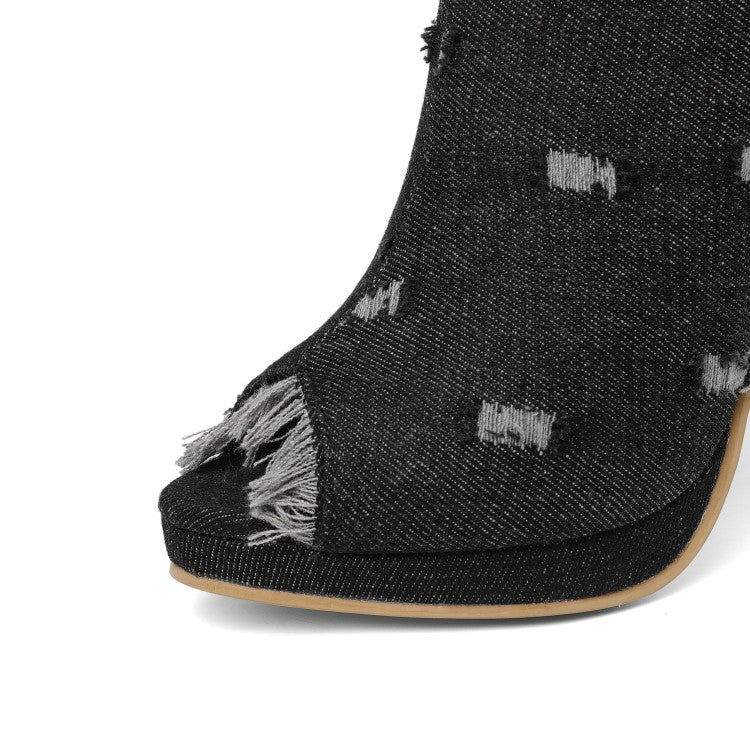 Denim Stiletto Heel Over The Knee Black Open Toe Boots