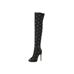 Denim Stiletto Heel Over The Knee Black Open Toe Boots