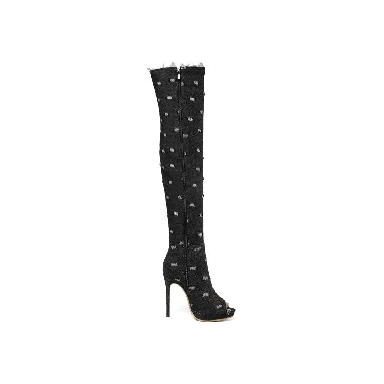 Denim Stiletto Heel Over The Knee Black Open Toe Boots
