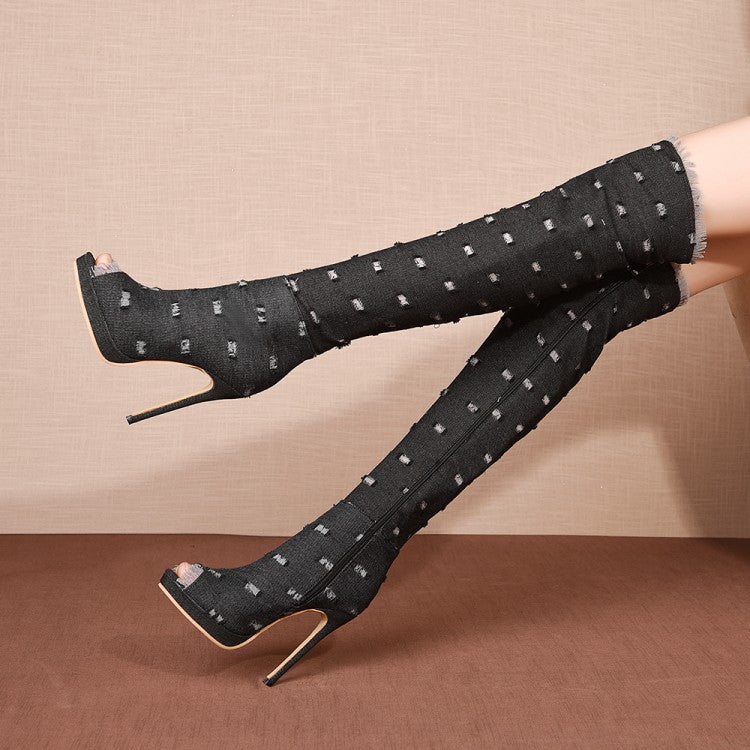 Denim Stiletto Heel Over The Knee Black Open Toe Boots