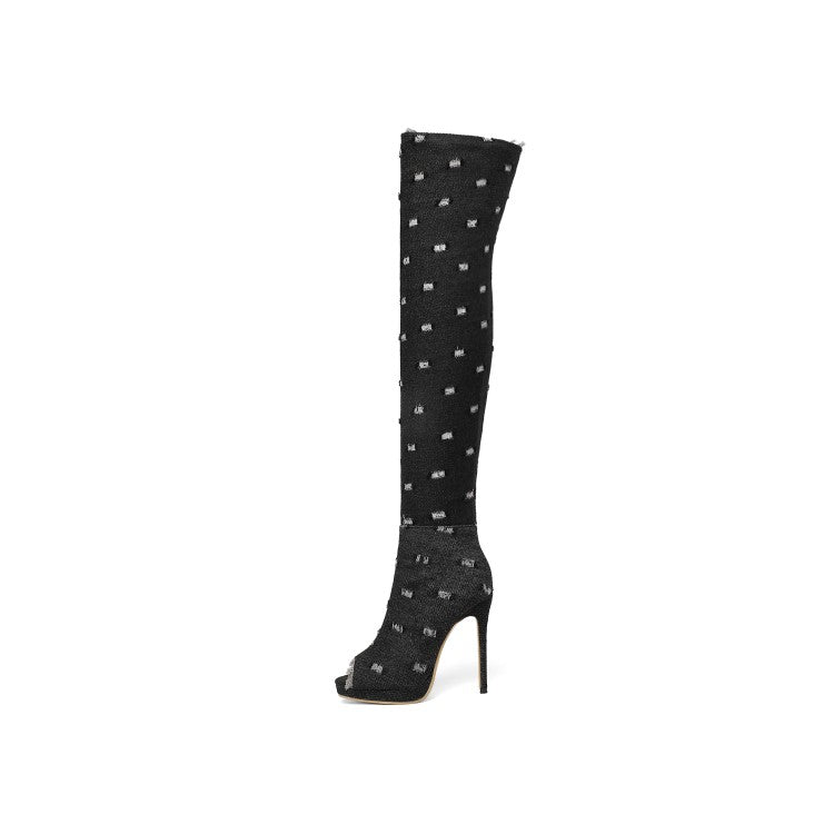 Denim Stiletto Heel Over The Knee Black Open Toe Boots
