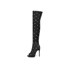 Denim Stiletto Heel Over The Knee Black Open Toe Boots