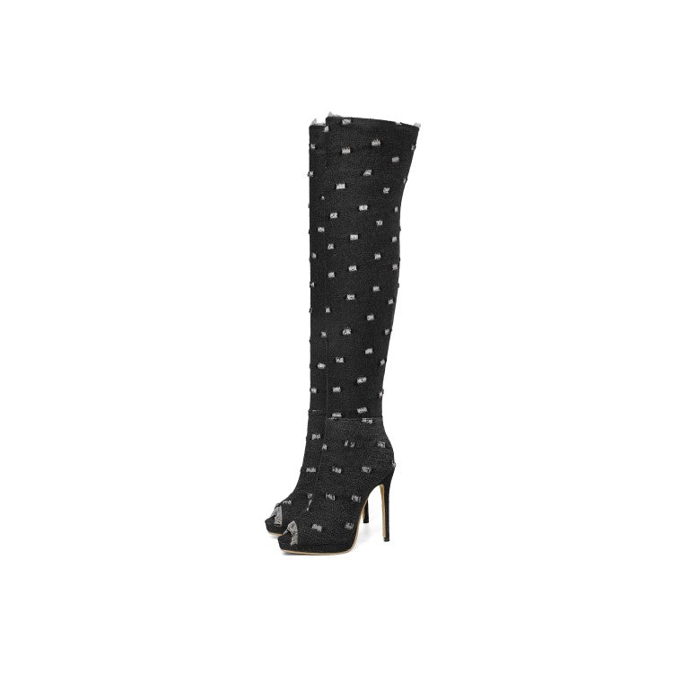 Denim Stiletto Heel Over The Knee Black Open Toe Boots