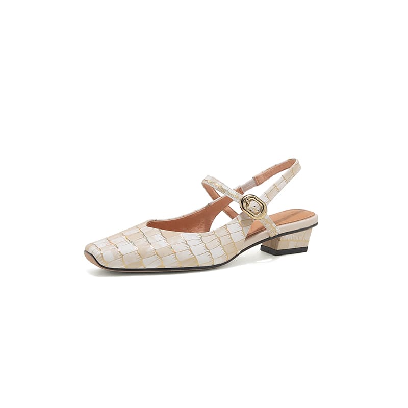 Elegant Leather Square Toe Block Heel Slingbacks with Plaid