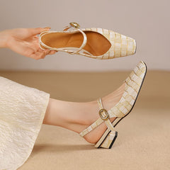 Elegant Leather Square Toe Block Heel Slingbacks with Plaid